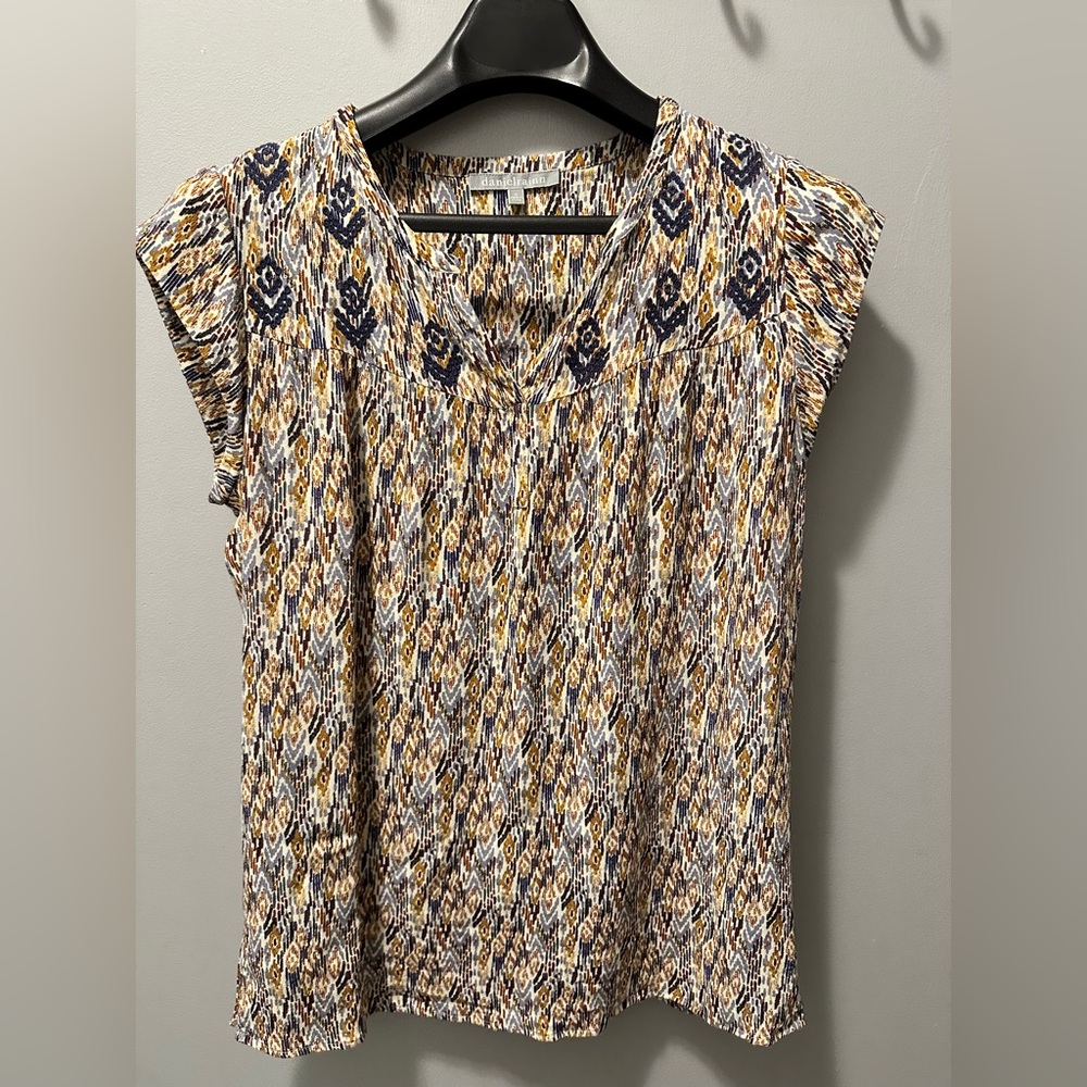 Daniel Rainn Navy and Mustard Cap-Sleeve Printed Blouse